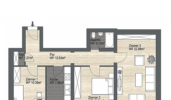 多层公寓 与 3 房间 | München-Au | 70447 | Nicht maßstabsgetreu